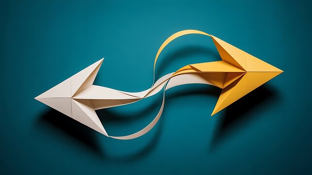 Transformation and change concept with white paper plane morphing into yellow paper plane on dark blue background, for business evolution
