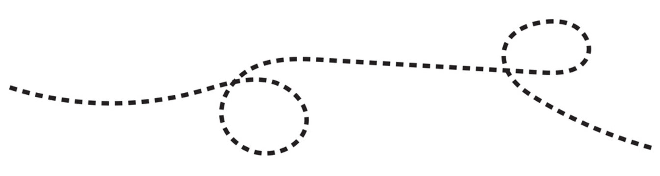 Dotted line path showing a winding route between two map location pins, one black and one red, isolated on transparent background