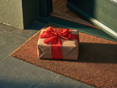 Contactless Christmas gift exchange with wrapped parcel on doorstep