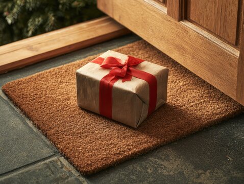 Contactless Christmas gift exchange with wrapped parcel on doorstep