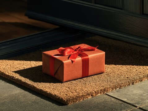 Contactless Christmas gift exchange with wrapped parcel on doorstep