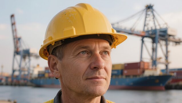 Port worker, a close-up portrait of a male engineer wearing a yellow safety hard hat at a container terminal with cranes and cargo ships in the background, emphasizing industry, logistics, and labor