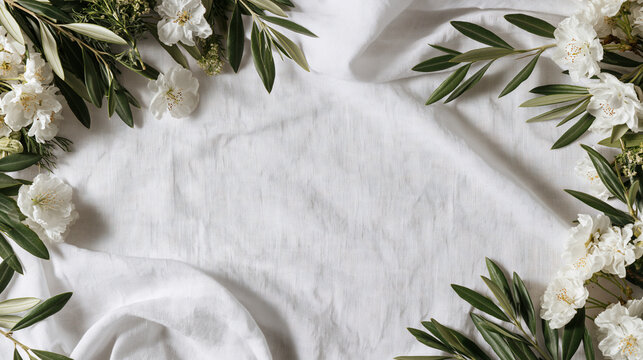 Flat Lay Wedding Frame Background with White Flowers and Olive Leaves on Linen Fabric