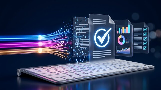 Digital data processing and analysis with glowing fiber optics flowing into a keyboard and holographic documents showing charts checklists and binary code.