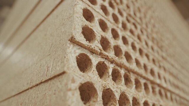 Stacked hollow core particle board panels with tubular holes in wood factory, door core chipboard sheets