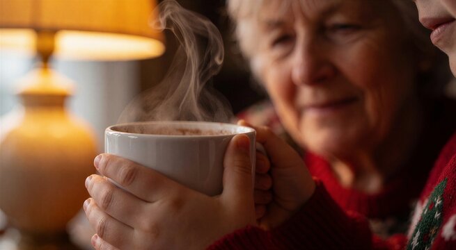 Cozy holiday Christmas breakfast scene featuring a woman holding a steaming mug, evoking warmth and festive comfort in a home setting.