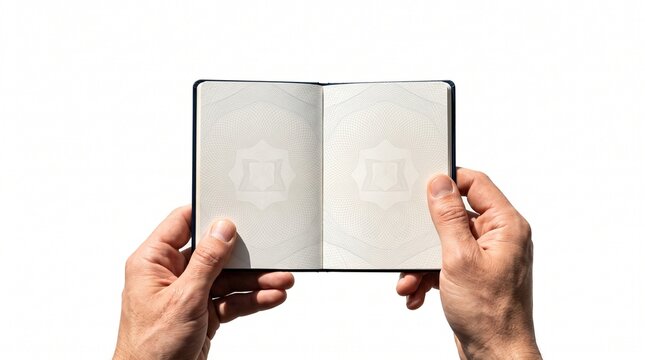 Hands holding an open blank passport with security watermark pages on a white background