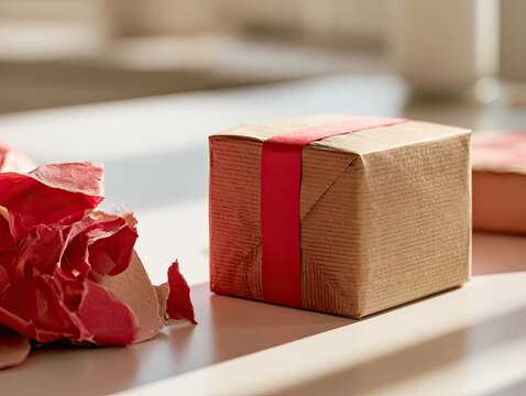 Torn wrapping paper beside a repacked return box for an unwanted Christmas gift
