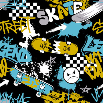 Grunge vector illustration with skateboard and graffiti words on black background  for boys. Bright  print. Seamless pattern