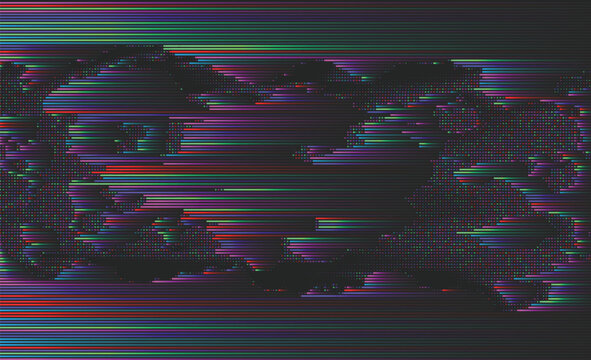 Vector glitch texture with neon horizontal lines and halftone dots on a dark background. Digital scanline distortion with vivid color.  