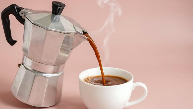 Freshly brewed coffee pouring from traditional stovetop moka pot into cup