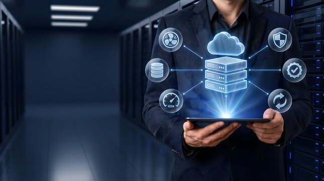 Man in dark suit holding tablet with glowing cloud computing and data server interface surrounded by server racks in data center