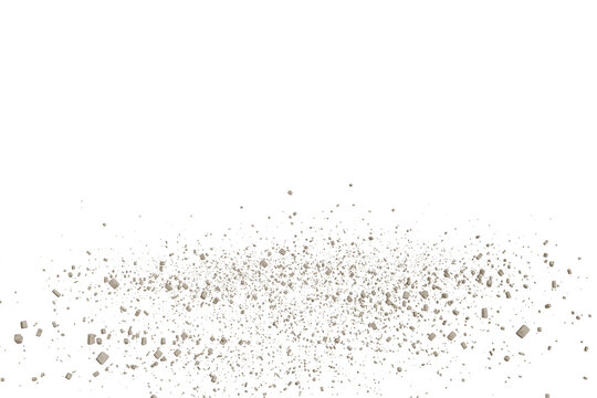 Explosion of small stone fragments and debris. This dynamic burst of light colored rubble, sand, and dust particles scattered