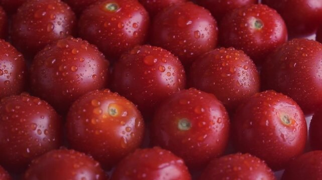Ripe cherry tomatoes with water drops spinning in a pattern, a fine mist of water drops flies across the scene, isolated on a light background, slow motion effect