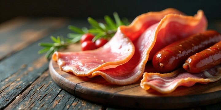 Aromatic smoked bacon slices and savory sausages arranged on rustic wooden board with herbs