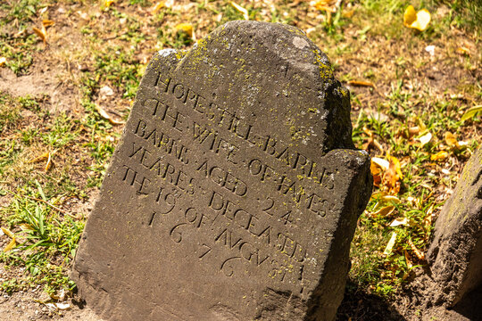 Weathered mossy gravestone angled in sunlit cemetery with carved inscription