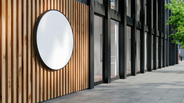 Minimalist architectural design showcasing a blank round sign on wooden slatted wall near modern glass windows and greenery