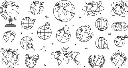 Obraz premium Planet earth globe world map icon set with geography navigation and global grid line art vector illustration background