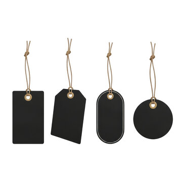 Four black fabric gift tags hanging on gold ribbon strings