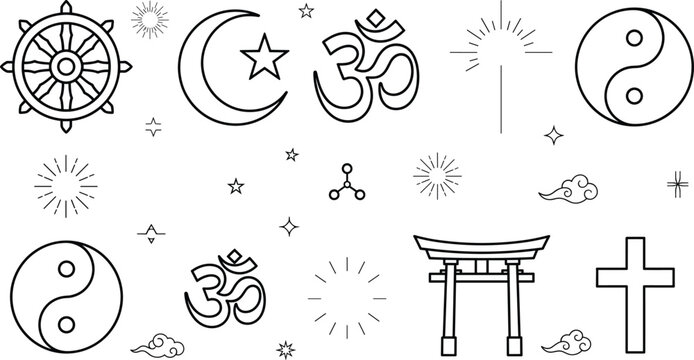World religion symbols icon set with cross star crescent om yinyang torii gate dharma wheel line art vector