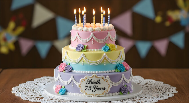Three tier birthday cake with seventy five candles burning