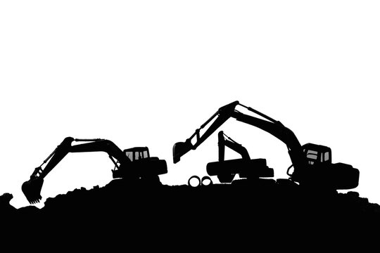 Three Crawler excavators silhouette are digging the soil in the construction site , isolated  on the white background