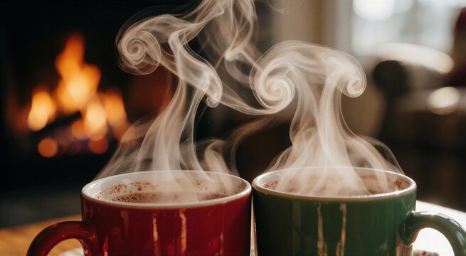 Close-up view of intertwined steam spirals rising from two mugs of hot chocolate, set near a warm fireplace, evoking a cozy Christmas baking atmosphere.