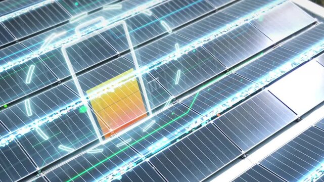 Close aerial view tracks a glowing battery charging animation across solar panels, creating a futuristic smart-energy visual for technology advertising and marketing.