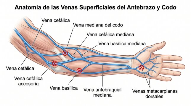 Anatomical Diagram of Superficial Veins in Human Forearm and Elbow