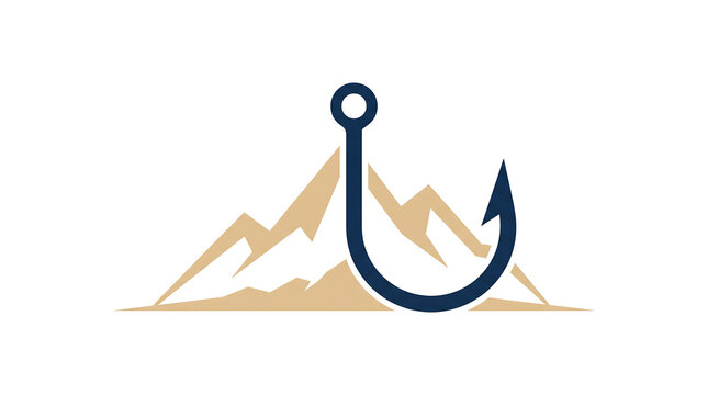 Fishing hook and mountain range logo design vector illustration on white background