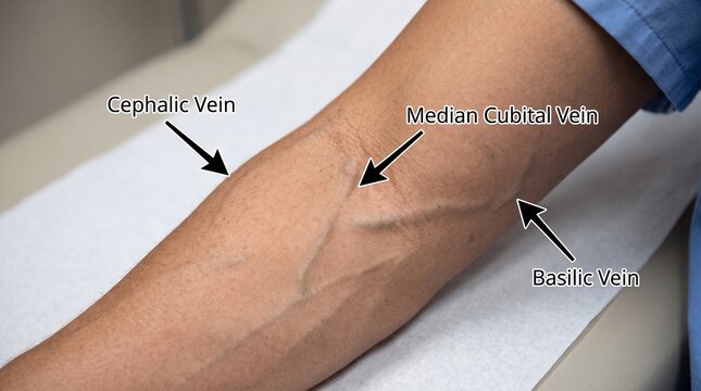 Anatomical diagram of cephalic median cubital and basilic arm veins