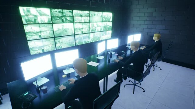 Low poly operators monitoring video surveillance wall in control room