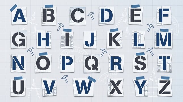 Full english alphabet letters cut from blueprint paper and attached with tape on a technical drawing background for design projects