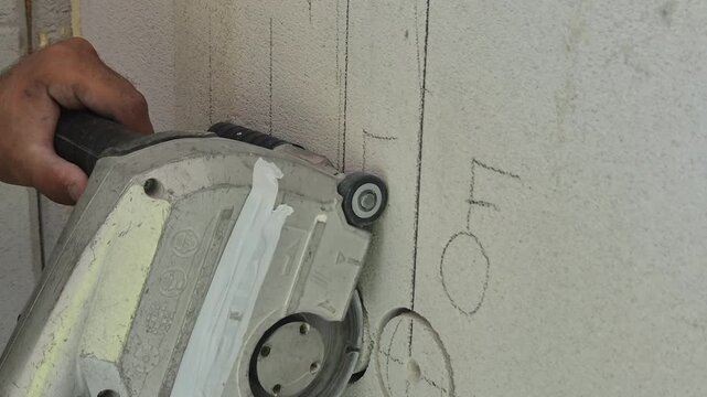 Side view close-up slow-motion footage of a wall chaser cutting through aerated concrete, highlighting the spinning blade and airborne dust particles.