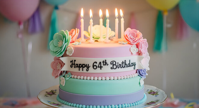 Colorful birthday cake with candles for sixty fourth party
