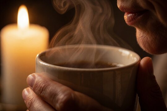 Cozy moment enjoying Christmas with a hot drink by the warm glow of a candlelight, featuring steam rising from a ceramic mug.