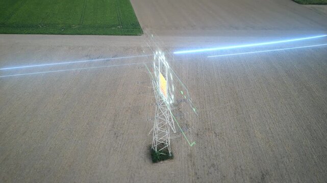 A battery interface glows over a high-voltage transmission tower crossing farmland in a cinematic drone shot, visualizing grid storage for energy and tech marketing.