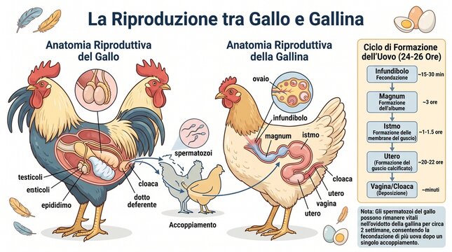 Rooster and Hen Reproductive Anatomy and Egg Formation Cycle Diagram