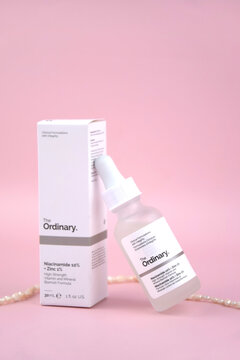 The ordinary cosmetics on the pink background.