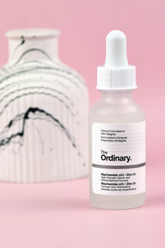 The ordinary cosmetics on the pink background.