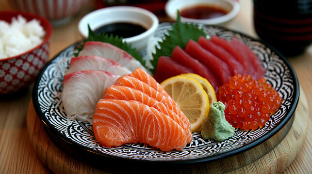 Fresh sashimi platter with salmon tuna and fish roe served on a patterned plate