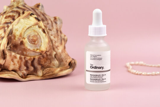 The ordinary cosmetics on the pink background.