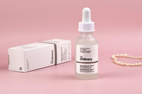 The ordinary cosmetics on the pink background.