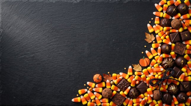 Halloween candy corn and chocolate truffles on dark slate background