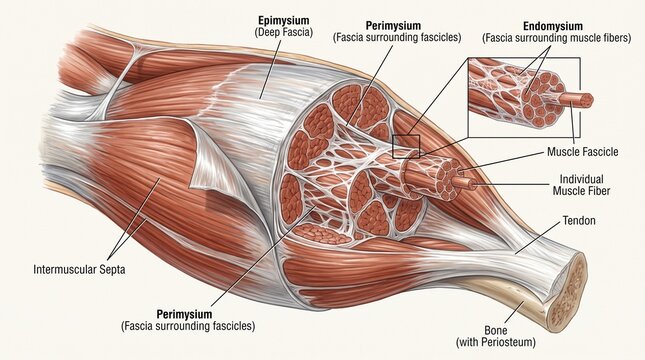 Human skeletal muscle anatomy diagram showing fascia and fibers
