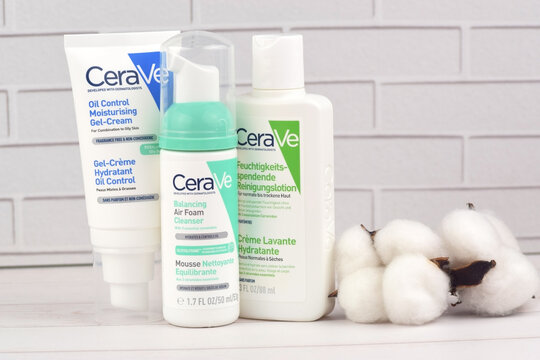 CeraVe cosmetics in the white package on the pink background.