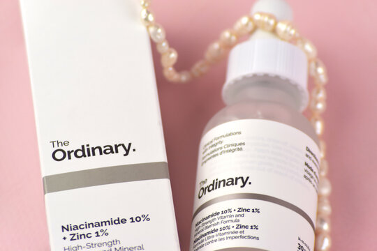 The ordinary cosmetics on the pink background.