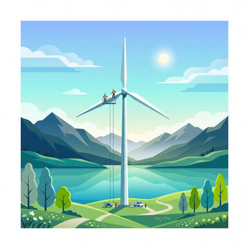 landscape with windmill and mountains