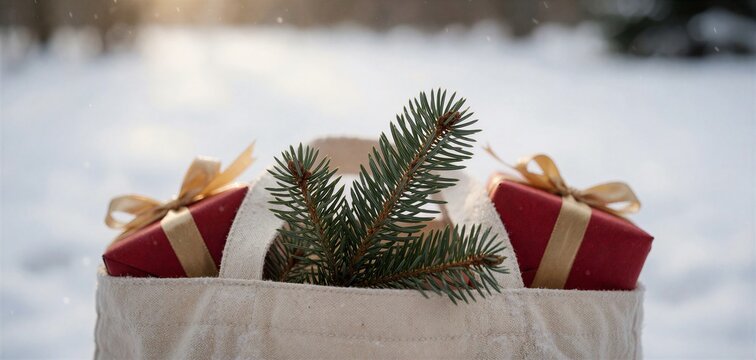 A close-up view of evergreen needles nestled among red and gold wrapped gifts inside a beige canvas tote, symbolizing carrying a Christmas tree home in the snow.