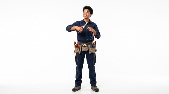 Young Electrician Teenager Boy Working With Wires And Tools On White Background